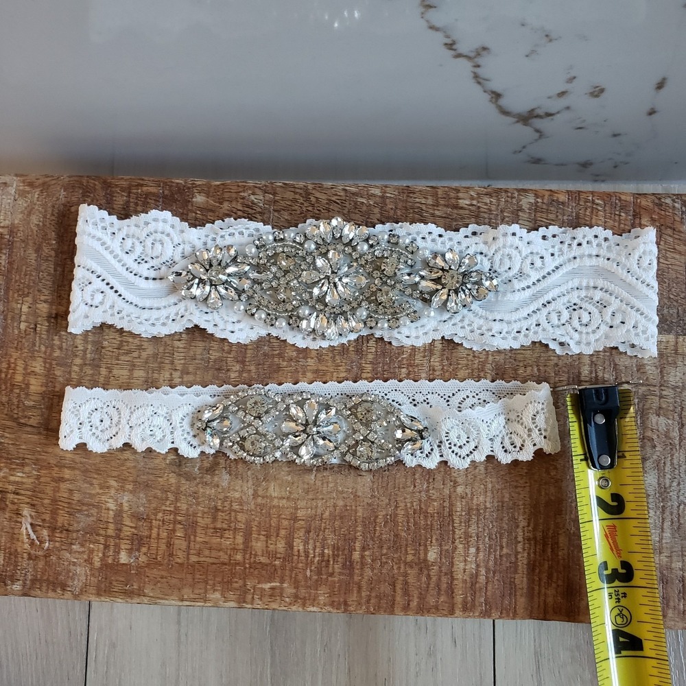 Bridal Garter Set White Rhinestone Crystal Lace Wedding 2 Piece Set Prom - Picture 4 of 5